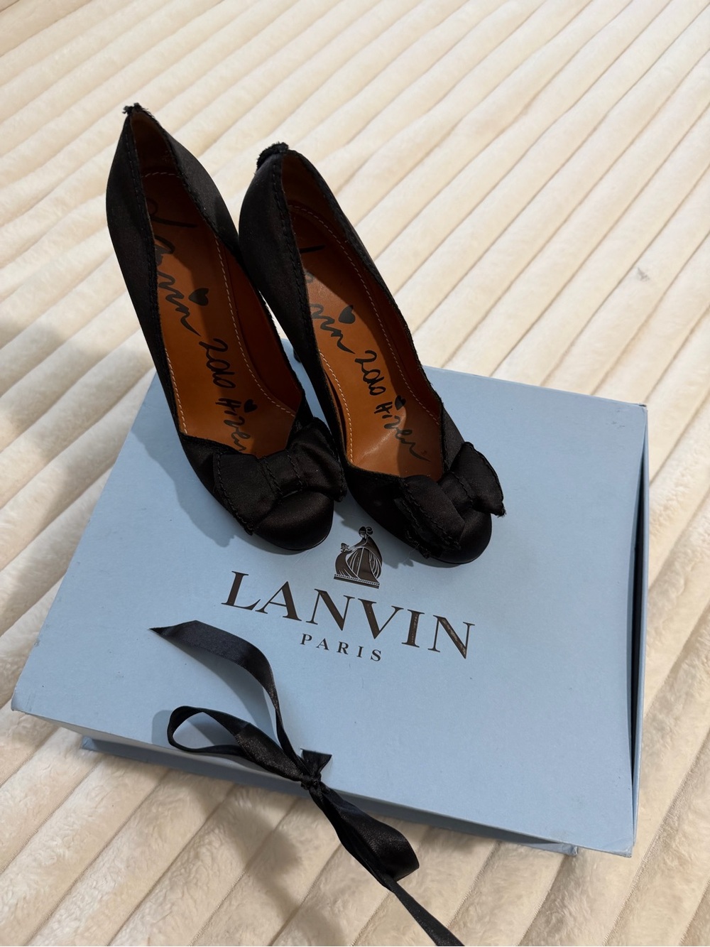Lanvin Black Satin Bow Peep-Toe Heels